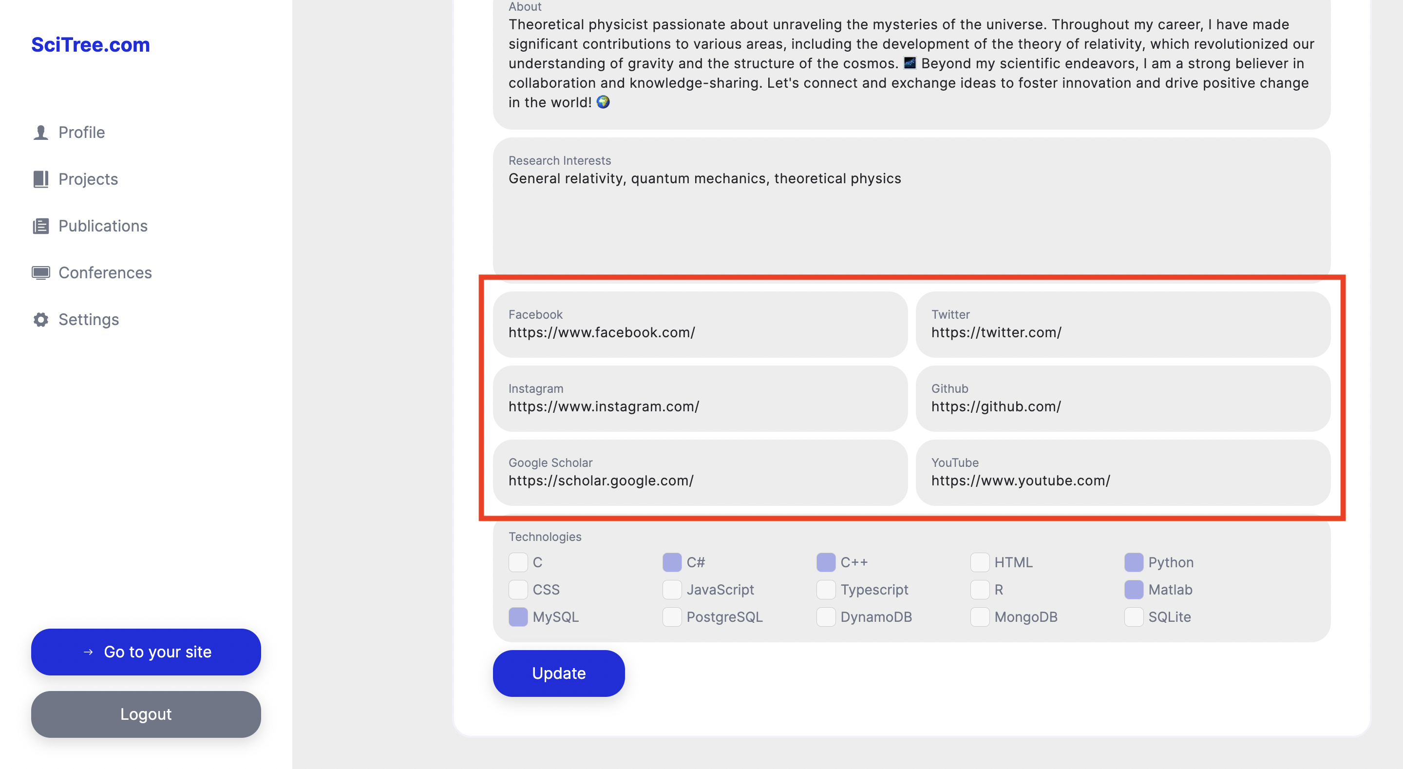 scitr.com admin page social media integration