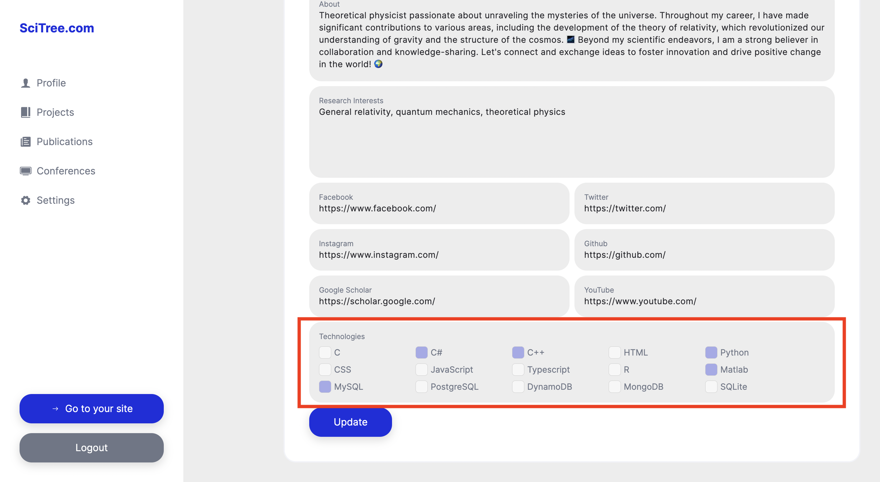 scitr.com admin page technology selection