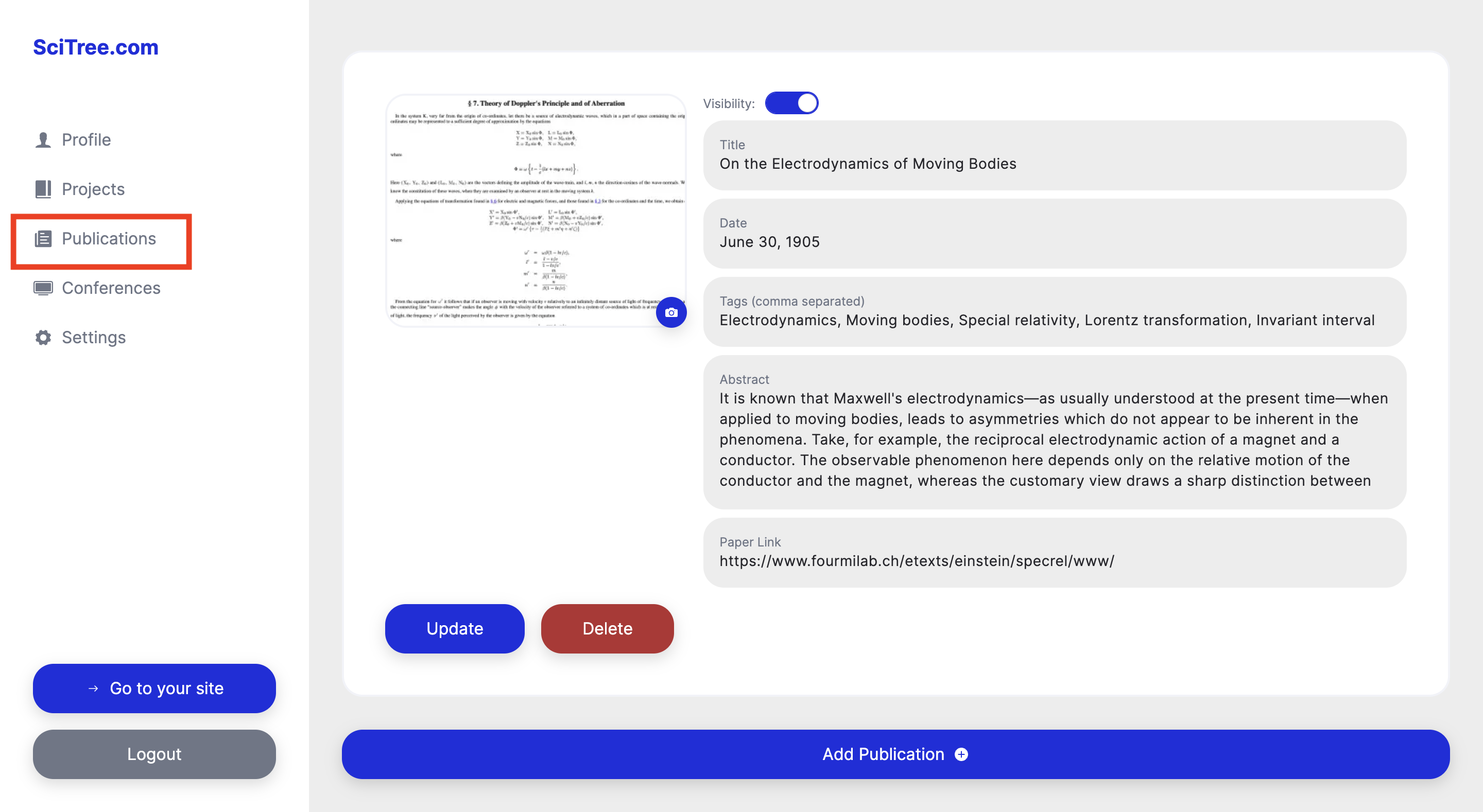 scitr.com admin page add publication