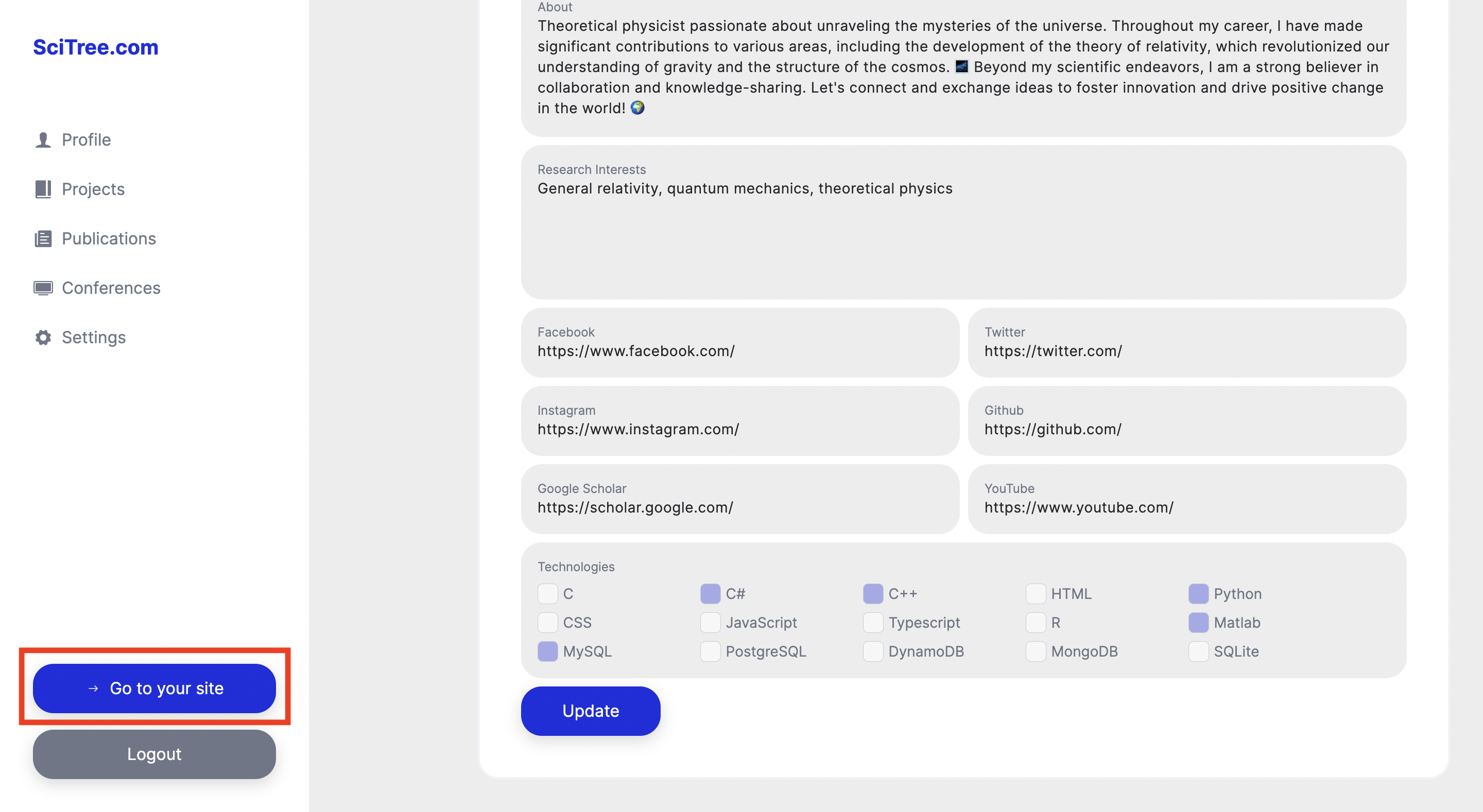 scitr.com admin page link to public profile page